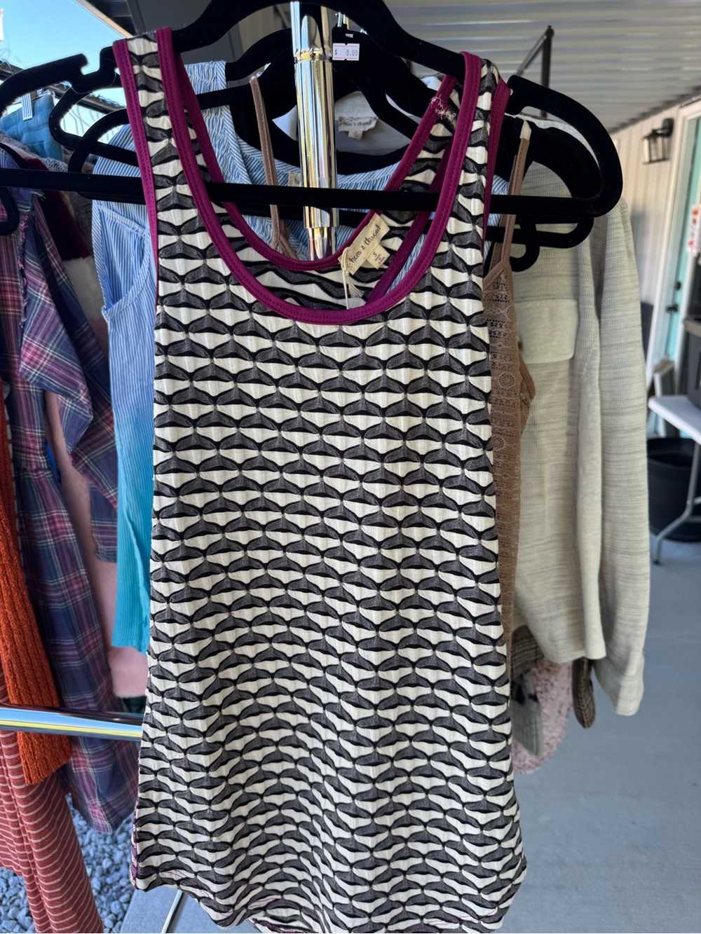 Hem & Thread Black and White Geometric Tank with Magenta Trim